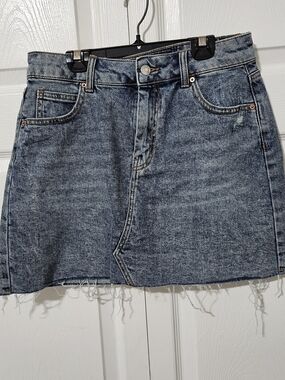 Blue Denim Mini Skirt with Frayed Hem